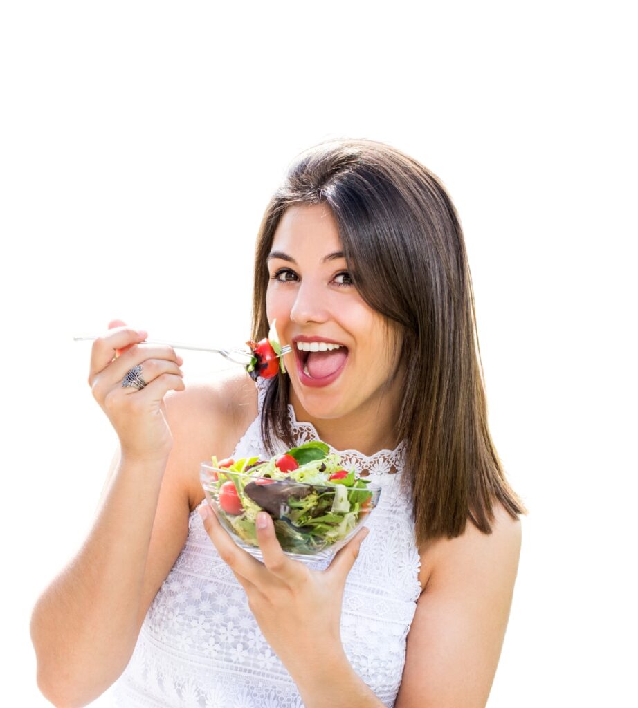 Girl holding a bowl of healthy food, symbolizing balanced nutrition and wellness.