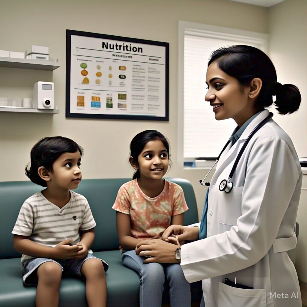 Pediatric dietician guiding a parent and child on healthy eating with a nutrition chart in a clinic.